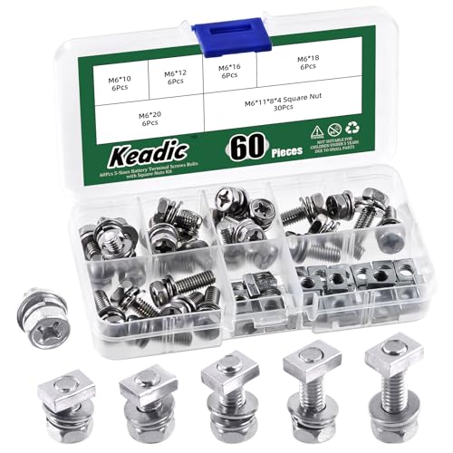 Keadic 60 Packs M6x10/12/16/18/20mm 304 Edelstahl Batterie Schrauben und Muttern Assortiment Set, ATV Batterie Bolzen Motorrad Batterie Klemmen Schrauben mit quadratischen Muttern für Automobilcompute von Keadic