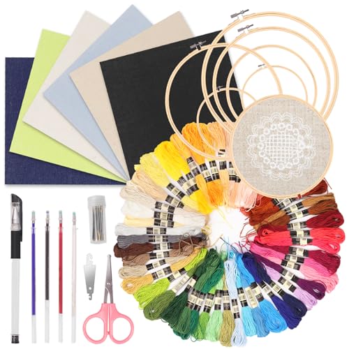 Keadic 78 Stück Stickerei Anfänger Kit enthält 6 Farben Stickerei Stoff, Nähen Maker Stifte, 50 Regenbogenfarben Stickgarn, Kreis Kreuzstich Hoop Ringe, Cutter und Nadeln für Crafting von Keadic