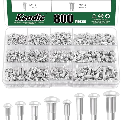 Keadic 800Pcs M2 M2.5 M3 M4 Aluminium Lötkolben Kopf solide Nieten Sortiment Set, 6mm 8mm 10mm solide Aluminium Nieten für die Reparatur von Booten Flugzeuge Automobile Maschinen von Keadic