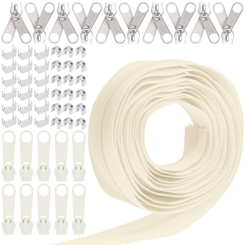 Keadic 81Pcs #5 Nylon Zipper Tape Set mit 10 Yard Nylon Spule Reißverschlüsse, 20 Metall-Reißverschluss-Schieber, 20 unten Stops, 40 Top Stop für DIY Nähen liefert (Beige) von Keadic