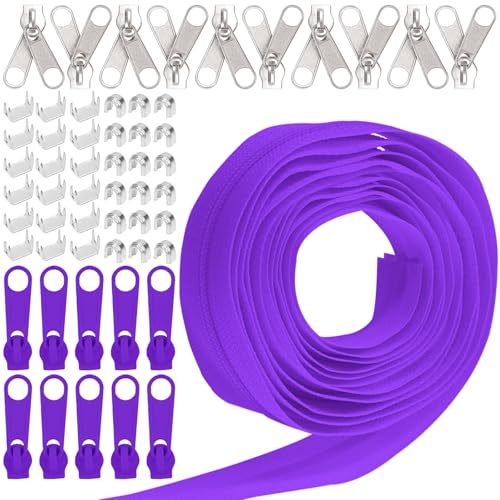 Keadic 81Pcs #5 Nylon Zipper Tape Set mit 10 Yard Nylon Spule Reißverschlüsse, 20 Metall-Reißverschluss-Schieber, 20 unten Stops, 40 Top Stop für DIY Nähen liefert (Dunkelviolett) von Keadic