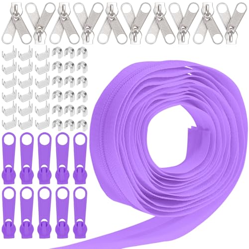 Keadic 81Pcs #5 Nylon Zipper Tape Set mit 10 Yard Nylon Spule Reißverschlüsse, 20 Metall-Reißverschluss-Schieber, 20 unten Stops, 40 Top Stop für DIY Nähen liefert (Helles Violett) von Keadic