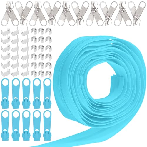 Keadic 81Pcs #5 Nylon Zipper Tape Set mit 10 Yard Nylon Spule Reißverschlüsse, 20 Metall-Reißverschluss-Schieber, 20 unten Stops, 40 Top Stop für DIY Nähen liefert (Himmelblau) von Keadic