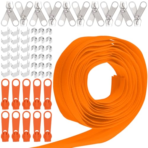 Keadic 81Pcs #5 Nylon Zipper Tape Set mit 10 Yard Nylon Spule Reißverschlüsse, 20 Metall-Reißverschluss-Schieber, 20 unten Stops, 40 Top Stop für DIY Nähen liefert (Orange) von Keadic