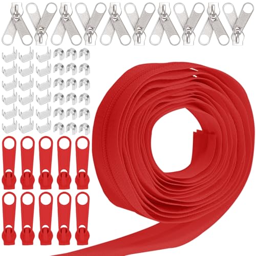 Keadic 81Pcs #5 Nylon Zipper Tape Set mit 10 Yard Nylon Spule Reißverschlüsse, 20 Metall-Reißverschluss-Schieber, 20 unten Stops, 40 Top Stop für DIY Nähen liefert (Rot) von Keadic