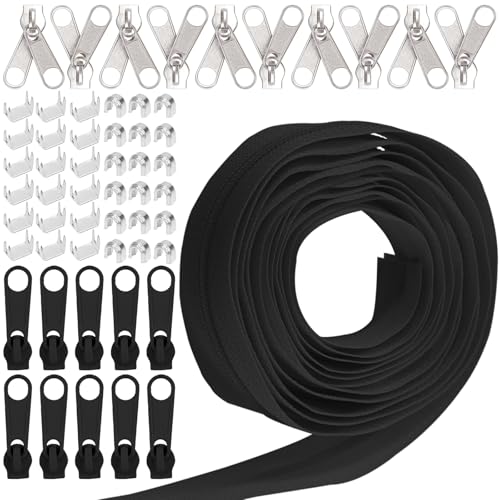 Keadic 81Pcs #5 Nylon Zipper Tape Set mit 10 Yard Nylon Spule Reißverschlüsse, 20 Metall-Reißverschluss-Schieber, 20 unten Stops, 40 Top Stop für DIY Nähen liefert (Schwarz) von Keadic