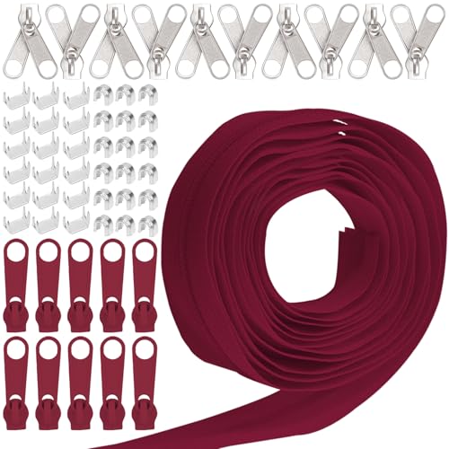 Keadic 81Pcs #5 Nylon Zipper Tape Set mit 10 Yard Nylon Spule Reißverschlüsse, 20 Metall-Reißverschluss-Schieber, 20 unten Stops, 40 Top Stop für DIY Nähen liefert (Weinrot) von Keadic