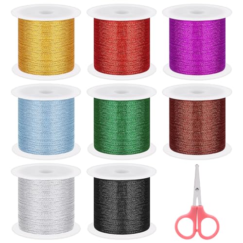 Keadic 9Pcs 400 Meter/437 Yards metallische Lametta Faden Sortiment Set mit Cutter, 8 Farben 1mm Nicht dehnen Handwerk Machen Schnur, 1mm Geschenkpapier Band für Schmuck Machen von Keadic