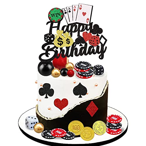 Keaziu 1 Packung Casino Cake Topper Würfel Poker Chips Happy Birthday Kuchen Dekorationen Spielkarten Spiel Thema für Las Vegas Szene Geburtstag Party Dekoration Supplies von Keaziu