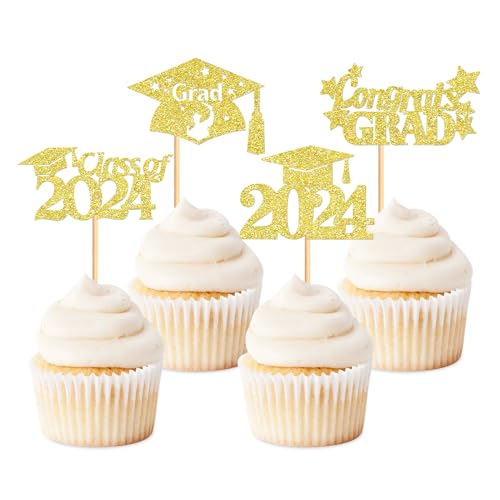 Keaziu 24 Stück 2023 Abschlussfeier Cupcake Topper Klasse 2023 Congrate Grad Cupcake Picks für 2023 Abschluss Thema Geburtstag Party Supplies Gold von Keaziu