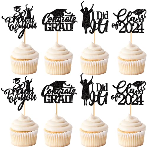 Keaziu 24 Stück 2023 Abschlussfeier Cupcake Topper So Proud of You Klasse of 2023 Congrate Grad Cupcake Picks für 2023 Abschluss Thema Geburtstag Party Supplies Schwarz von Keaziu