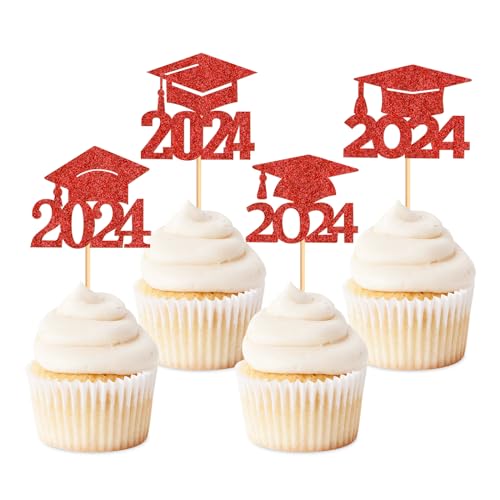 Keaziu 24 Stück 2023 Grad Kappe Cupcake Topper 2023 Abschluss Cupcake Picks Abschluss Thema Party Kuchen Dekorationen Zubehör Rot von Keaziu