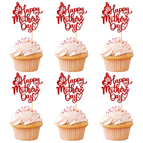 Keaziu 24 Stück Happy Mother's Day Cupcake Topper Best Mom Ever Cupcake Picks Kuchen Dekoration Party Zubehör für Muttertag Party Cupake Dekorationen Rot 2 von Keaziu