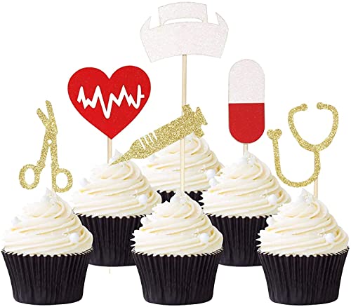 Keaziu 24 Stück Krankenschwester Cupcake Topper Krankenschwester Abschluss Cupcake Picks Glitter Medical Rn Themen-Kuchen Picks Nursing Themen Party Dekorationen Supplies von Keaziu