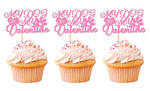 Keaziu 24 Stück My Dog is My Valentine Cupcake Topper Valentinstag Cupcake Picks für Hochzeit Antrag Verlobung Brautdusche Sweet Love Thema Party Kuchen Dekoration Rosa von Keaziu