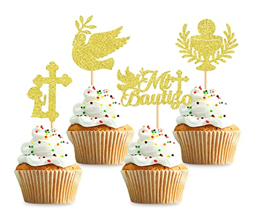 Keaziu 24 x Mi Bautizo Cupcake-Topper, Gottesegnen, Kreuz, Cupcake-Picks, Babyparty, Taufe, Party, Dekoration, Zubehör, Gold von Keaziu