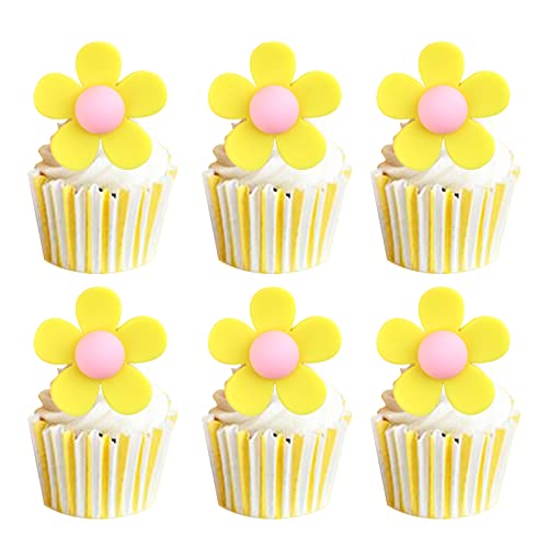 Keaziu 25 Stück Blumen Cupcake Topper für Blumen Thema Party Geburtstag Cupcake Picks Party Dekorationen Zubehör für Babyparty Geburtstag Party Gelb von Keaziu