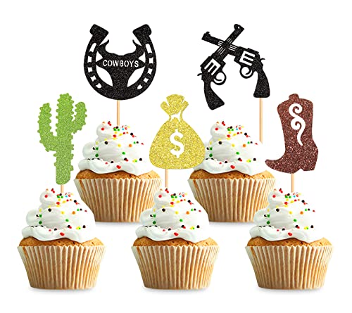 Keaziu 25 Stück Cowboy-Cupcake-Topper, Kaktusreiten, Hufeisen, Cowboy-Hüte, Geldbeutel, Western-Thema, Happy Birthday, Babyparty, Party, Kuchendekoration, Zubehör von Keaziu