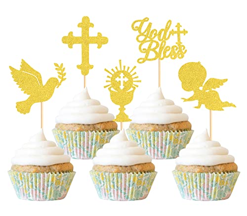 Keaziu 35 Stück God Bless Cross Cupcake Topper Taufe Cupcake Topper Kreuz Cupcake Picks Baby Shower Taufe Party Dekorationen Supplies Gold von Keaziu