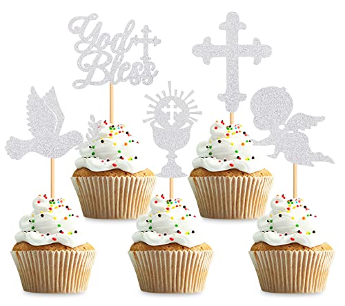 Keaziu 35 Stück God Bless Cross Cupcake Topper Taufe Cupcake Topper Kreuz Cupcake Picks Baby Shower Taufe Party Dekorationen Supplies Silber von Keaziu