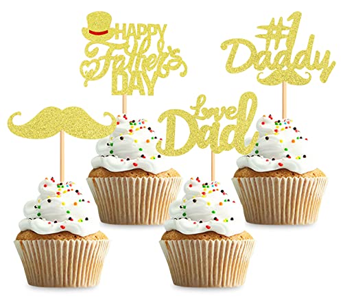 Keaziu Cupcake-Topper Nr. 1. Daddy Love Dad Beard Cupcake Picks Kuchendekoration Party Supplies für Vatertag Party Cupake Dekorationen Gold 36 Stück von Keaziu