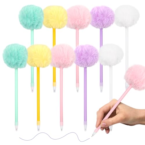 Keboyoe 10 Stück Pompon Kugelschreibe mit Plüschr Pompom Plüsch Stift Niedlich Gelschreiber Flauschige Geschenk Stifte für MädchenStudent School Rewards Awards 0.7mm 5 Farbe von Keboyoe