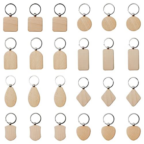 Keboyoe 24 Stück Holz Schlüsselanhänger Blank Holzanhänger Schlüsselanhänger Blanko DIY Schlüsselring Holz Schlüsselanhänger aus Holz für DIY Basteln Handwerk Geschenke 8 Verschiedene Formen von Keboyoe