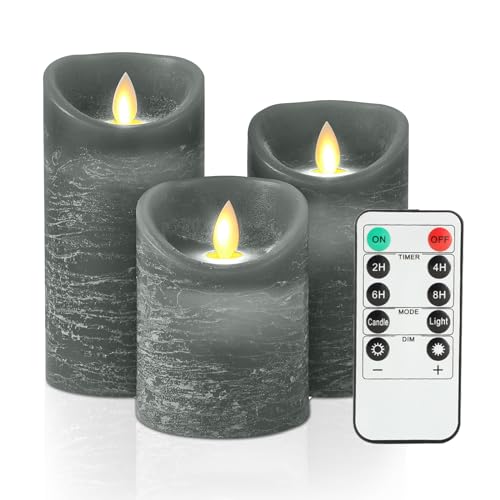 KeeFos LED Kerzen [3er-Set] Flammenlose Kerzen, Echtwachssäule Kerzen mit Fernbedienung, Timerfunktion mit Realistischen Blinkende Flamme für Esszimmer, Schlafzimmer, Kirche [Energieklasse G] (Grau) von KeeFos