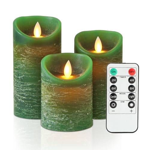 KeeFos LED Kerzen [3er-Set] Flammenlose Kerzen, Echtwachssäule Kerzen mit Fernbedienung, Timerfunktion mit Realistischen Blinkende Flamme für Esszimmer, Schlafzimmer, Kirche [Energieklasse G] (Grün) von KeeFos