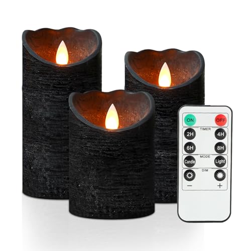 KeeFos LED Kerzen [3er-Set] Flammenlose Kerzen, Echtwachssäule Kerzen mit Fernbedienung, Timerfunktion mit Realistischen Blinkende Flamme für Esszimmer, Schlafzimmer, Kirche [Energieklasse G](Schwarz) von KeeFos