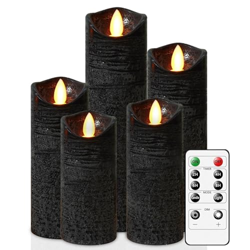 KeeFos LED Kerzen [5er-Set] Flammenlose Kerzen, Echtwachssäule Kerzen mit Fernbedienung, Timerfunktion mit Realistischen Blinkende Flamme für Esszimmer, Schlafzimmer, Kirche [Energieklasse G](Schwarz) von KeeFos
