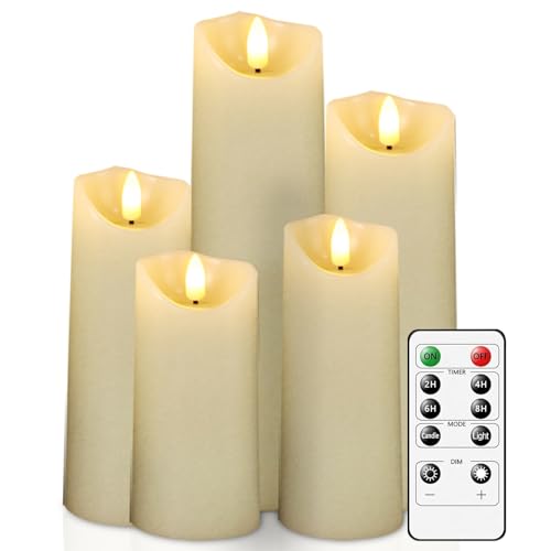KeeFos LED Kerzen [5er-Set] Flammenlose Kerzen, Echtwachssäule Kerzen mit Fernbedienung, Timerfunktion mit Realistischen Blinkende Flamme für Esszimmer, Schlafzimmer, Kirche [Energieklasse G] (Weiß) von KeeFos