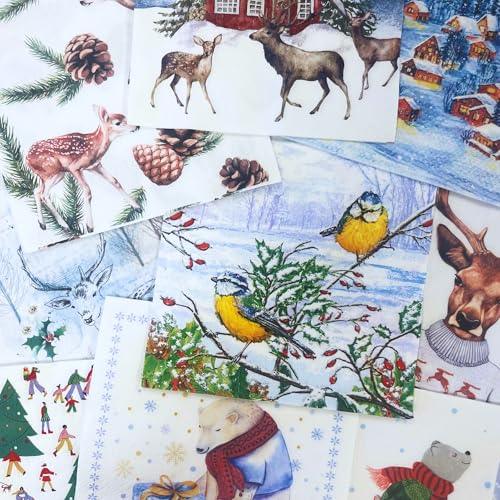 Keep Unique Mystery Pack Decoupage-Papierservietten, 20 Stück, sortierte Überraschungsservietten, dekorative Servietten für Kunst, Handwerk, Junk Journal, Scrapbooking, 20 verschiedene Winterdesigns von Keep Unique