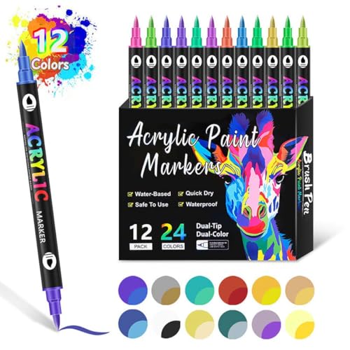 12Stk Acrylic Paint Marker Pen, Acrylstifte für Steine wasserfest mit Doppelspitze, Acrylfarben stifte Acrylstifte, Stifte Steine Bemalen Wasserfest, Acrylic Paint Marker Stifte Steine Bemalen von Keeplus