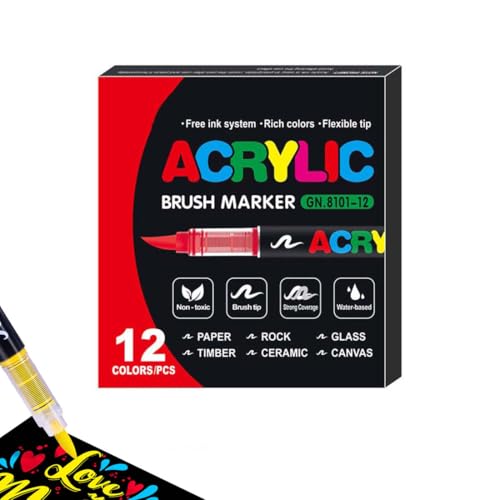 Straight Liquid Acrylic Marker, Acrylstifte für Steine Wasserfest, Aquarellstifte Filzstifte Set, Pinselspitze Acrylfarbe Stifte, Acrylic Paint Marker Stifte Steine Bemalen Für Kunststoff Glas (12PCS) von Keeplus