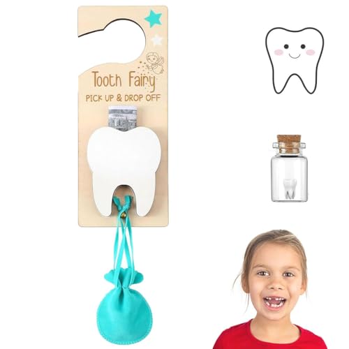 Tooth Fairy Pick up and Drop Off, Tooth Fairy Door Hanger with Money Slot, Zahnfee Türschild aus Holz, Zahnfee Türhänger mit Geldhalter Zahnfee Pick-up Box Geschenk für Kinderzimmer Dekor (Blau) von Keeplus