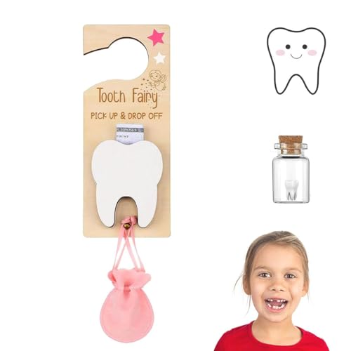 Tooth Fairy Pick up and Drop Off, Tooth Fairy Door Hanger with Money Slot, Zahnfee Türschild aus Holz, Zahnfee Türhänger mit Geldhalter Zahnfee Pick-up Box Geschenk für Kinderzimmer Dekor (Rosa) von Keeplus