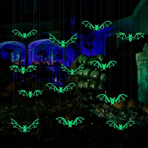 Halloween Deko Fledermaus Set,12pc 3D Realistische Halloween Fledermaus Hängende Fluoreszierenden Gruselige Horror Deko mit 10m Angelschnur,für Halloween Dekoration Garten Outdoor Indoor Party (B) von Keho Keho Kehongdun