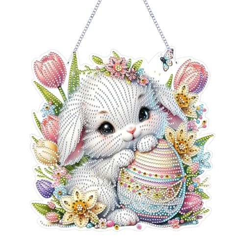 Ostern Doppelseitiger 5D Diamond Painting Anhänger Kit,Osterei Hase Kristall Painting Girlande mit Kette,Frühling Diamant Fenster Hängende Kranz Ornament,Ostern Bastelset DIY Geschenk für Wand (01) von Keho Keho Kehongdun