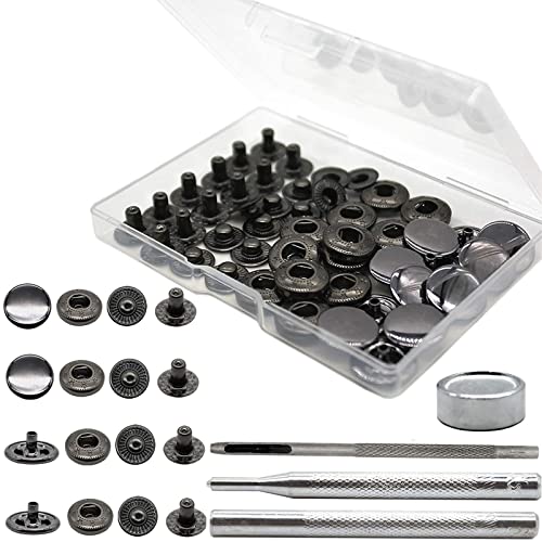 Keismodye 12 Sets Druckknopf-Set, robuste 15-mm-Druckknöpfe aus Metall, Druckknöpfe aus Leder und Näharbeiten, Druckknöpfe mit 4 Installationswerkzeugen für Schuhe, Kleidung, Jeans, Taschen (schwarz) von Keismodye