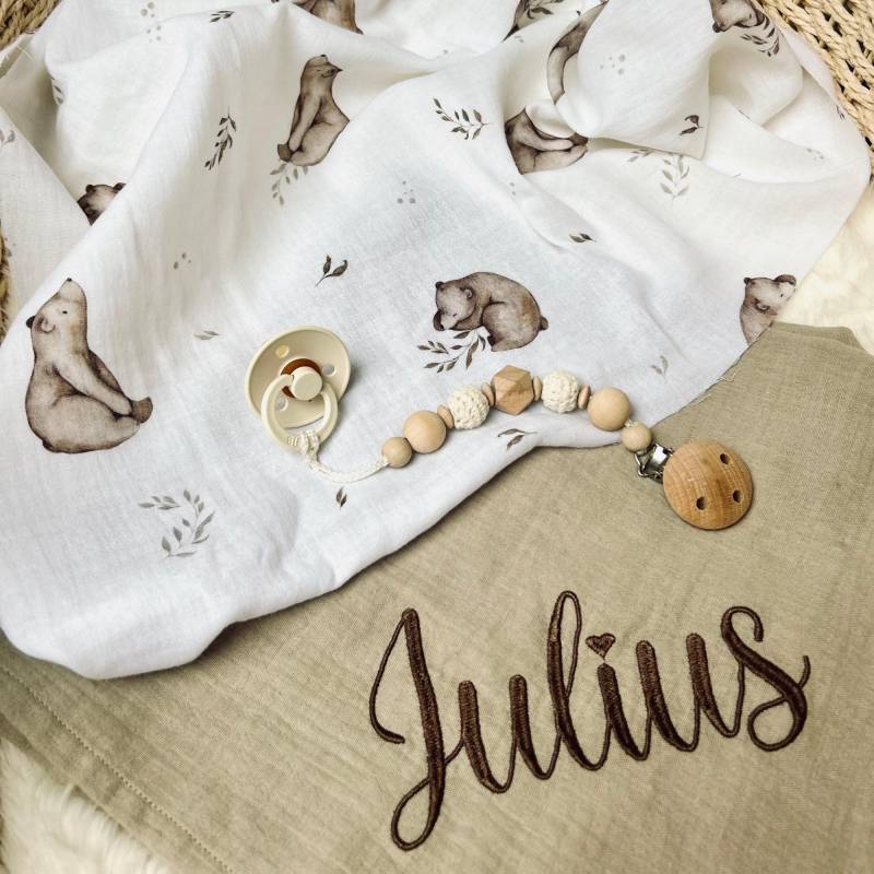 2Er Set Musselintuch Baby - Geschenkset Zur Geburt Spucktuch Personalisiert Mulltuch Bären Teddybär von Kejki