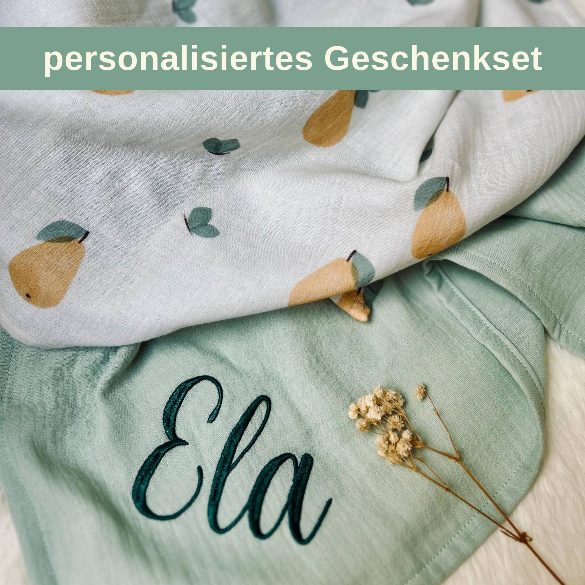 2Er Set Musselintuch Baby - Geschenkset Zur Geburt Spucktuch Personalisiert Mulltuch Birne Früchte Gelb Sommer von Kejki