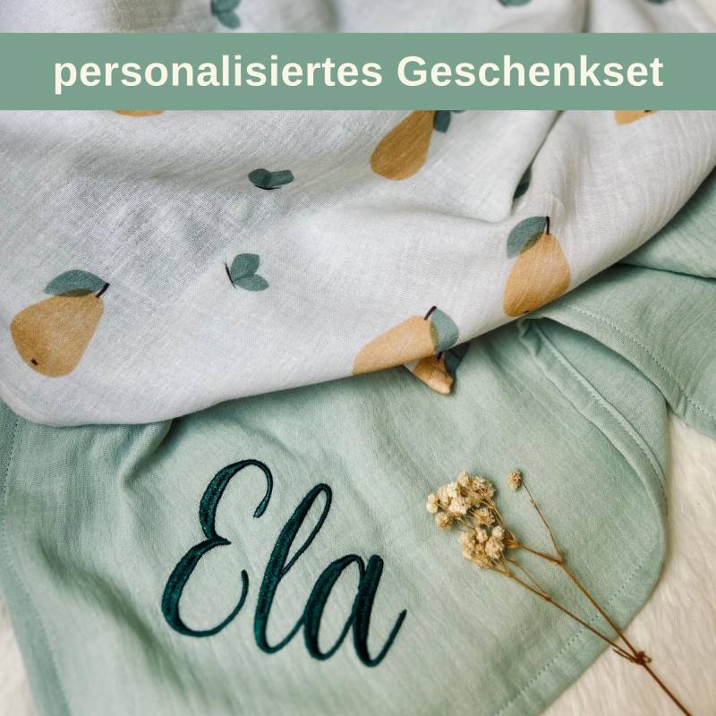 2Er Set Musselintuch Baby - Geschenkset Zur Geburt Spucktuch Personalisiert Mulltuch Birne Früchte Gelb Sommer von Kejki