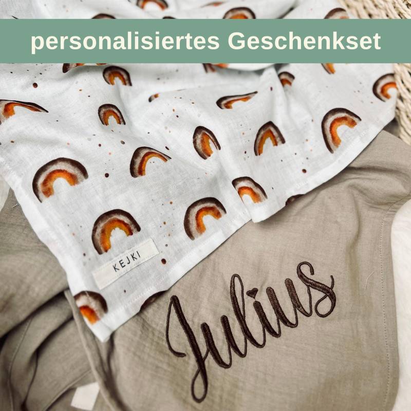 2Er Set Musselintuch Baby - Geschenkset Zur Geburt Spucktuch Personalisiert Mulltuch Regenbogen von Kejki