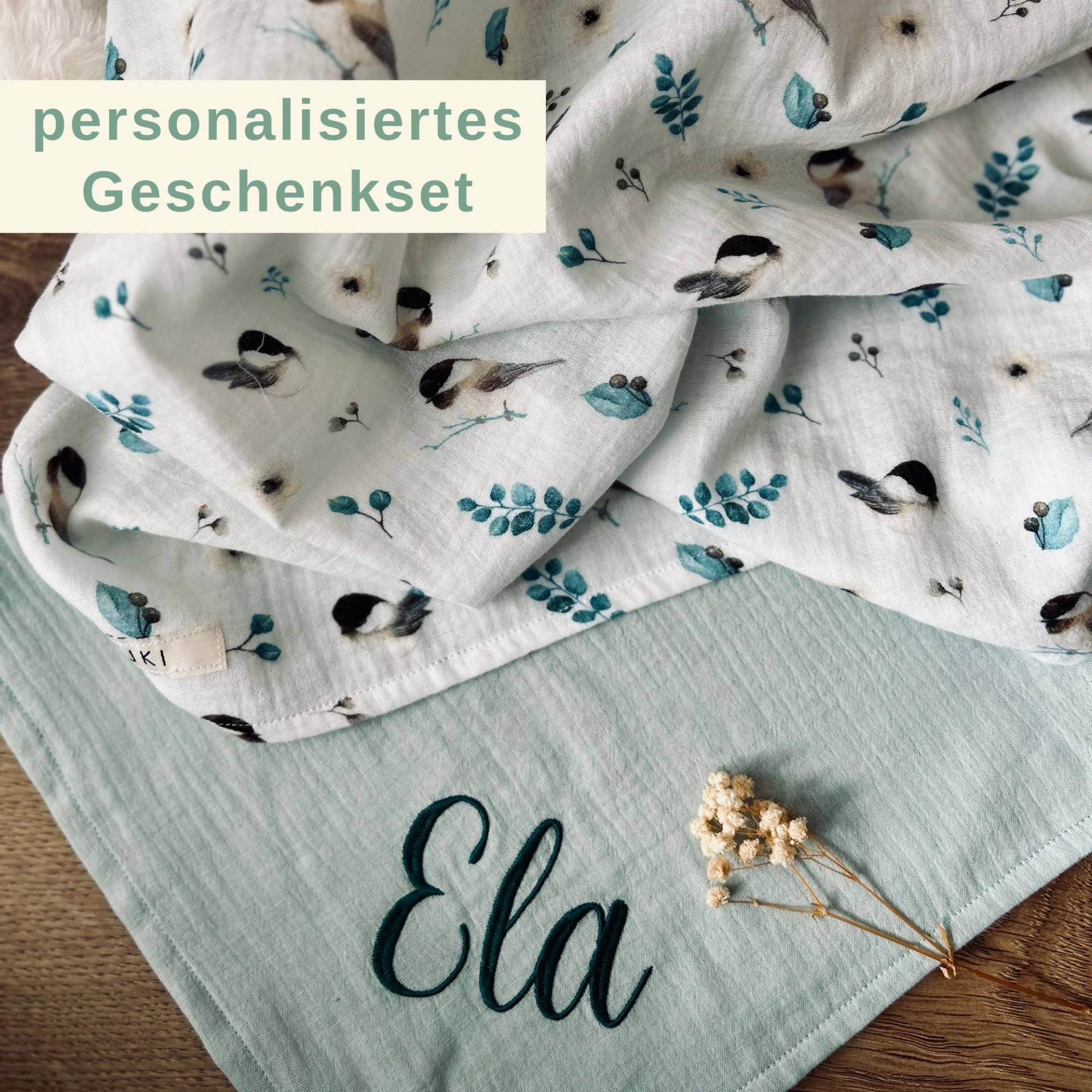 2Er Set Musselintuch Baby - Geschenkset Zur Geburt Spucktuch Personalisiert Mulltuch Vögel Blau von Kejki