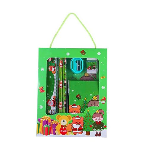 Weihnachts-Briefpapier-Set, niedliches Cartoon-Handheld-6-teiliges Bleistift-Radiergummi-Lineal-Notizblock-Set für Kinder von Kelepu