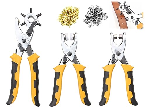 Kellegour 3 pcs Leder Belt Hole Puncher Zangen-Set,mit Ösen,Drehbare Lochzange für Leder Nietenzange Set,Revolver-Lochzange und Ösenzange-Satz,Ösenzange,Druchknopfzange,für GüRtel,Uhr,DIY,Basteln von Kellegour