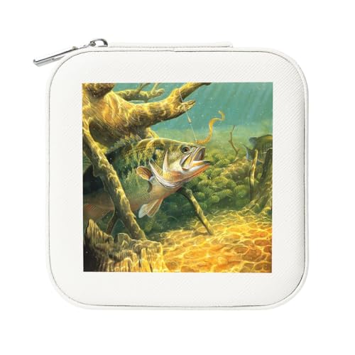 KemEng Bass Fisch Angeln gedruckt, Quadratische PVC Leder Schmuckschatulle Damen Schmuckschatulle Reise-Organizer Schmucketui von KemEng