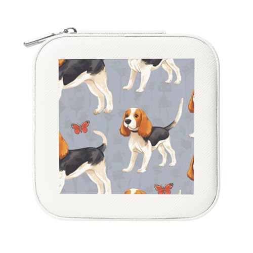 KemEng Beagle-Muster drucken, Quadratische PVC Leder Schmuckschatulle Damen Schmuckschatulle Reise-Organizer Schmucketui von KemEng