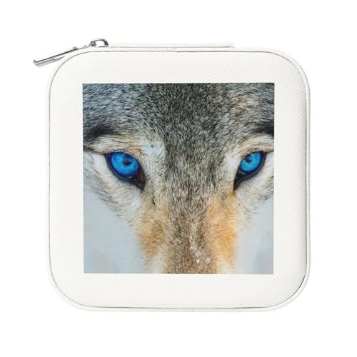 KemEng Blaue Augen Wolf Druck, Quadratische PVC Leder Schmuckschatulle Damen Schmuckschatulle Reise-Organizer Schmucketui von KemEng